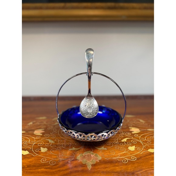 The Unbranded Brand Other - Vintage Cobalt Blue Jam Dish with Silver Plate Holder & Spoon